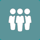 Icon of three stylized people on a teal background.