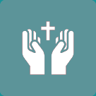 White hands holding a cross symbol on a teal background.