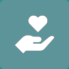 White hand holding heart icon on teal background.